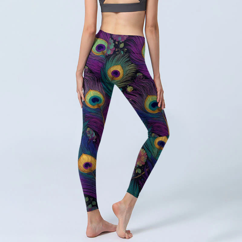 Leggings da palestra con stampa di fiori e piume di pavone, modello Buddha Stones, pantaloni da yoga da donna - Image 4