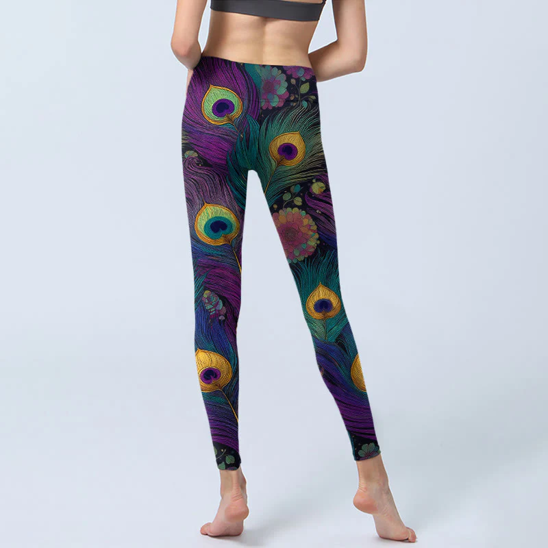 Leggings da palestra con stampa di fiori e piume di pavone, modello Buddha Stones, pantaloni da yoga da donna - Image 7
