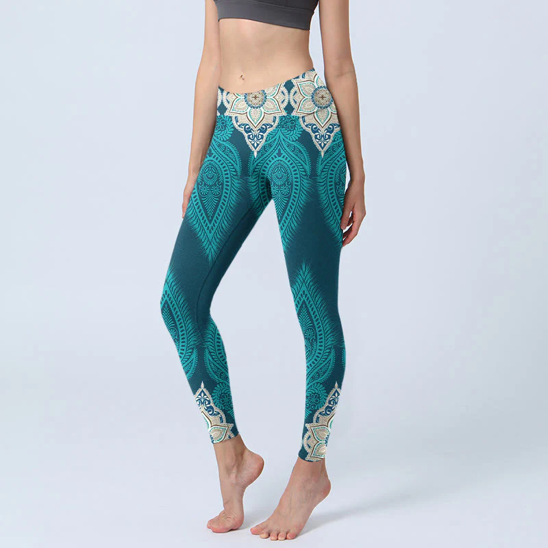 Leggings da palestra con stampa di fiori e piume verdi Buddha Stones, pantaloni da yoga da donna