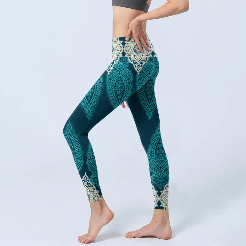 Leggings da palestra con stampa di fiori e piume verdi Buddha Stones, pantaloni da yoga da donna - Image 3