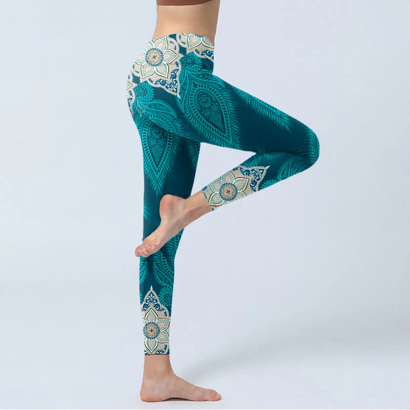 Leggings da palestra con stampa di fiori e piume verdi Buddha Stones, pantaloni da yoga da donna - Image 4