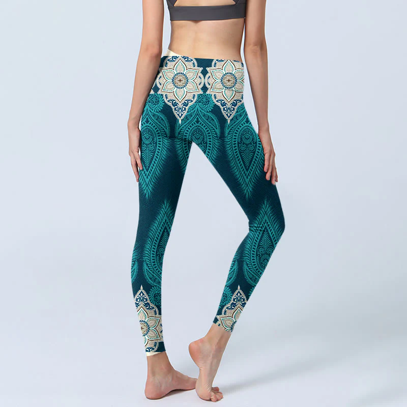 Leggings da palestra con stampa di fiori e piume verdi Buddha Stones, pantaloni da yoga da donna - Image 5