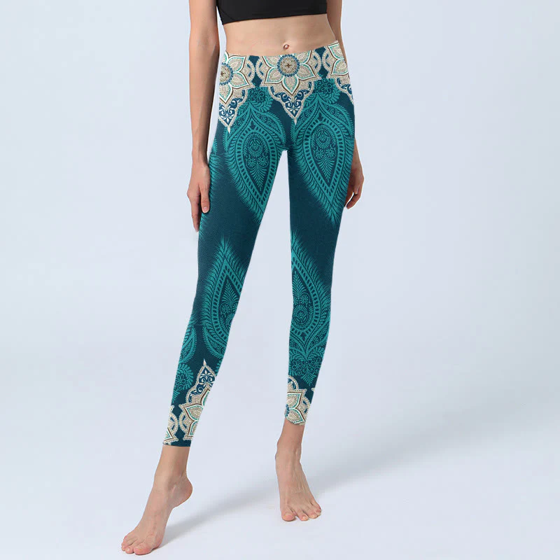 Leggings da palestra con stampa di fiori e piume verdi Buddha Stones, pantaloni da yoga da donna - Image 6