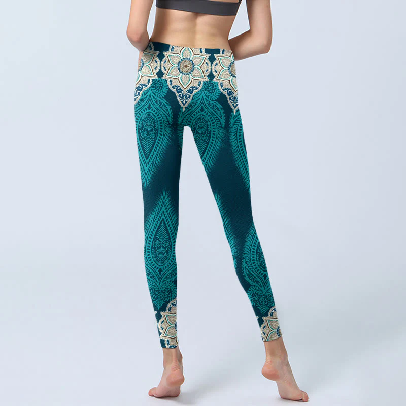 Leggings da palestra con stampa di fiori e piume verdi Buddha Stones, pantaloni da yoga da donna - Image 7
