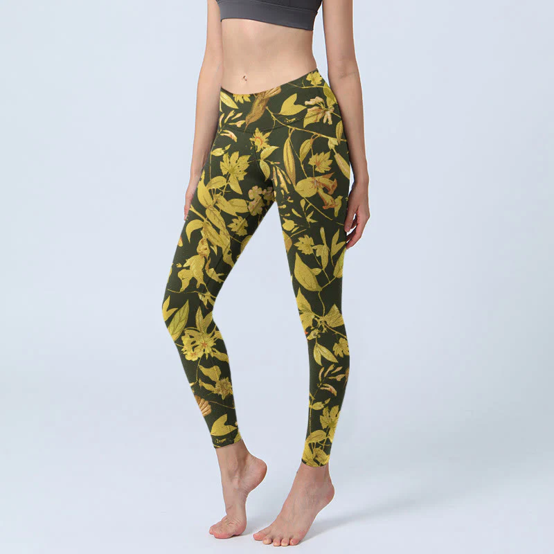 Leggings da palestra con stampa di fiori, foglie e uccelli, lussuosi, da donna, pantaloni da yoga Buddha Stones