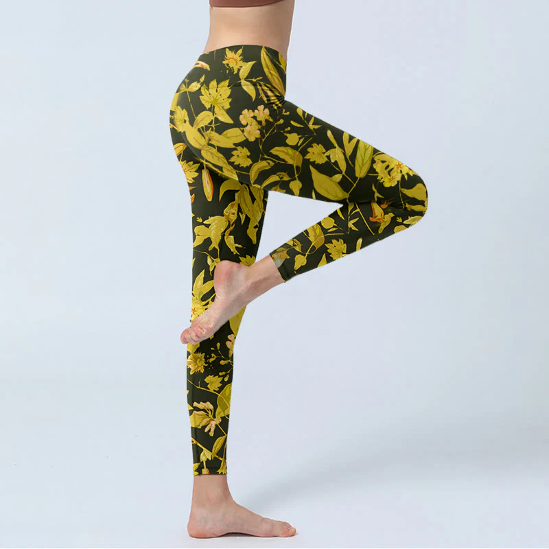Leggings da palestra con stampa di fiori, foglie e uccelli, lussuosi, da donna, pantaloni da yoga Buddha Stones - Image 4