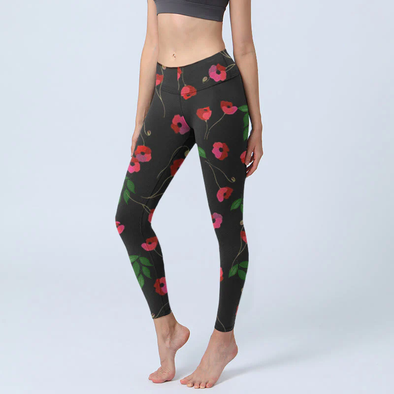 Leggings da palestra con stampa di fiori rossi vivaci e foglie verdi, pantaloni da yoga da donna , Buddha Stones