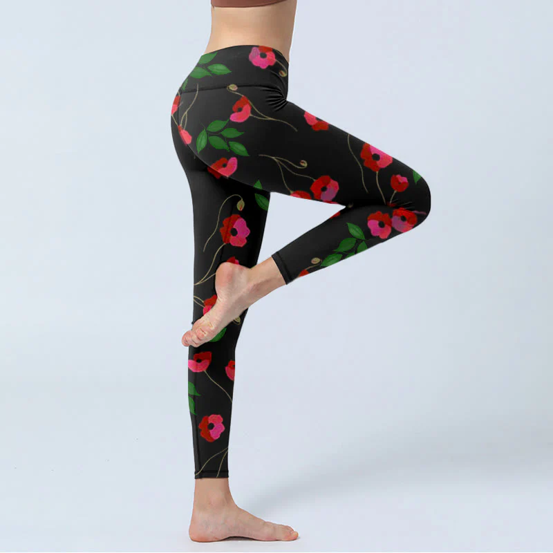 Leggings da palestra con stampa di fiori rossi vivaci e foglie verdi, pantaloni da yoga da donna , Buddha Stones - Image 4
