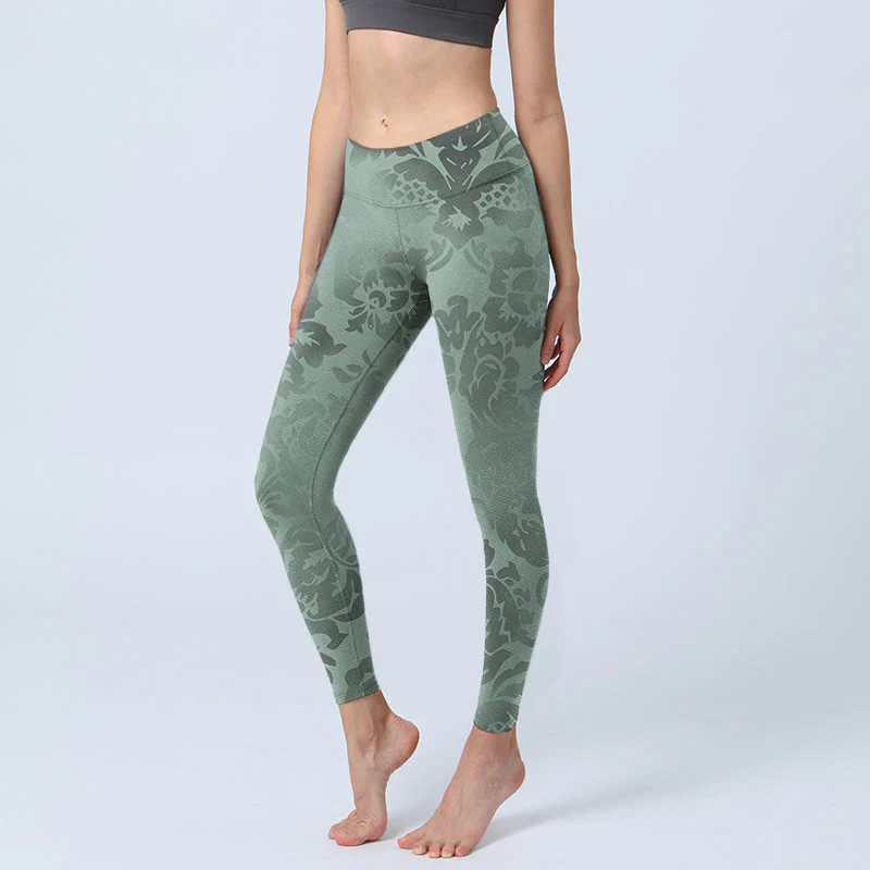 Leggings da palestra con stampa di foglie di fiori casual Buddha Stones da donna, pantaloni da yoga