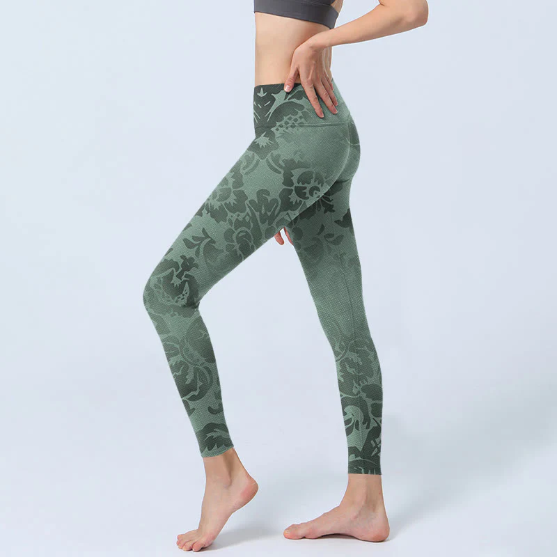 Leggings da palestra con stampa di foglie di fiori casual Buddha Stones da donna, pantaloni da yoga - Image 3