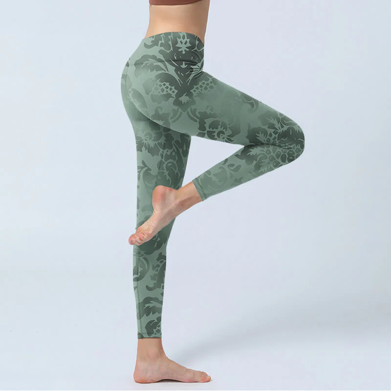 Leggings da palestra con stampa di foglie di fiori casual Buddha Stones da donna, pantaloni da yoga - Image 4