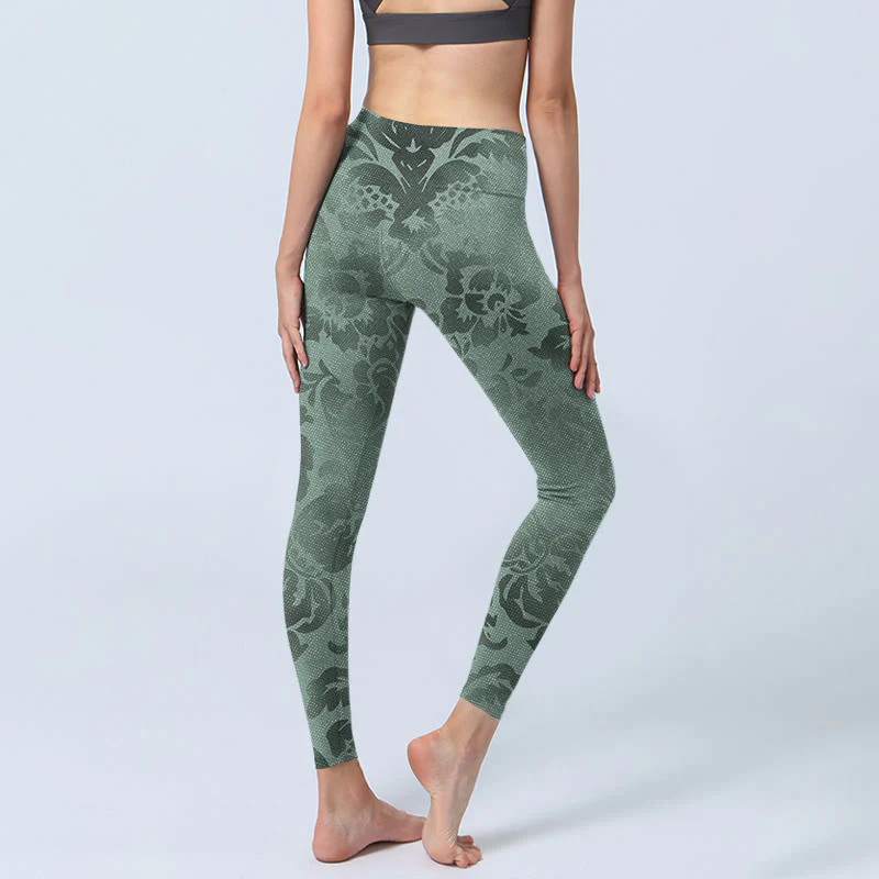 Leggings da palestra con stampa di foglie di fiori casual Buddha Stones da donna, pantaloni da yoga - Image 5