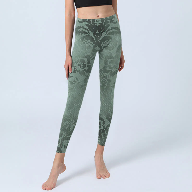 Leggings da palestra con stampa di foglie di fiori casual Buddha Stones da donna, pantaloni da yoga - Image 6