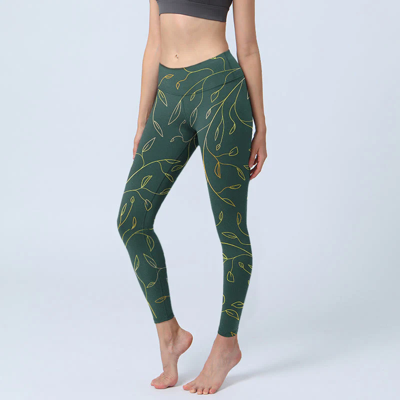 Leggings da palestra con stampa di foglie dorate verdi e rami Buddha Stones, pantaloni da yoga da donna