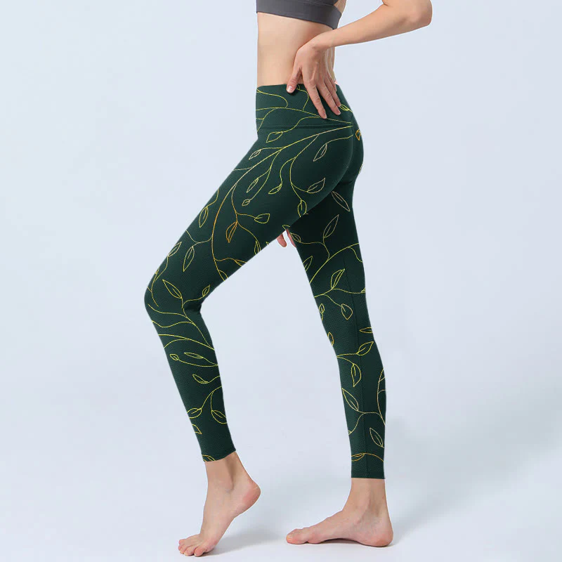 Leggings da palestra con stampa di foglie dorate verdi e rami Buddha Stones, pantaloni da yoga da donna - Image 3