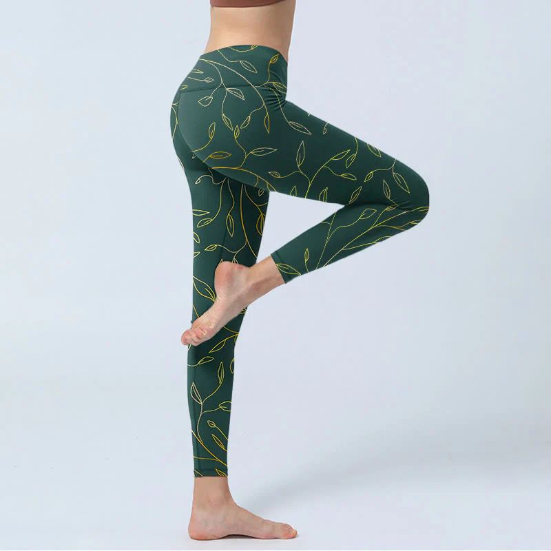 Leggings da palestra con stampa di foglie dorate verdi e rami Buddha Stones, pantaloni da yoga da donna - Image 4