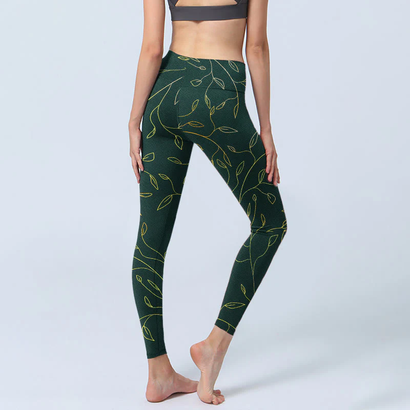 Leggings da palestra con stampa di foglie dorate verdi e rami Buddha Stones, pantaloni da yoga da donna - Image 5