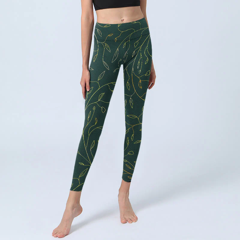 Leggings da palestra con stampa di foglie dorate verdi e rami Buddha Stones, pantaloni da yoga da donna - Image 6
