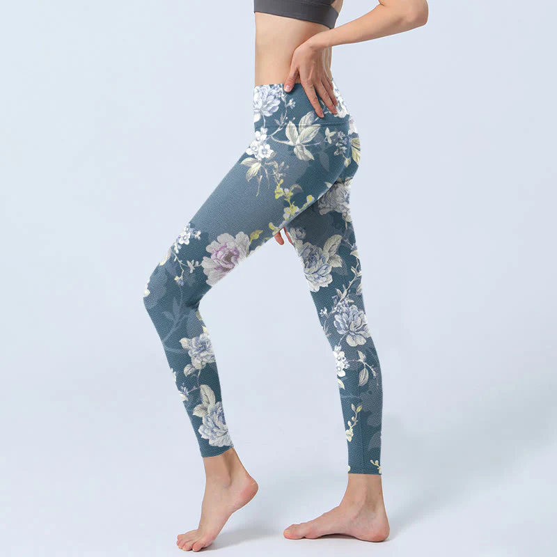 Leggings da palestra con stampa di foglie e fiori dai colori tenui, pantaloni da yoga da donna, Buddha Stones - Image 3