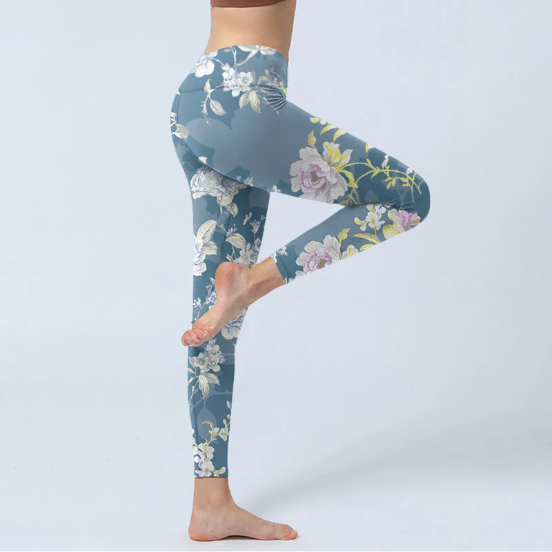 Leggings da palestra con stampa di foglie e fiori dai colori tenui, pantaloni da yoga da donna, Buddha Stones - Image 4