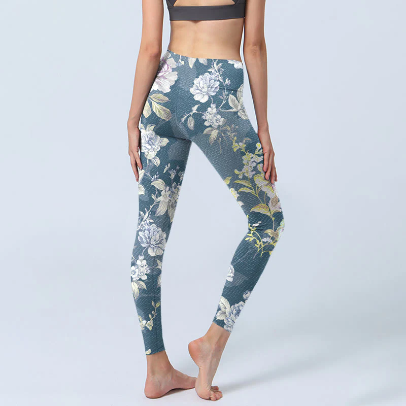 Leggings da palestra con stampa di foglie e fiori dai colori tenui, pantaloni da yoga da donna, Buddha Stones - Image 5