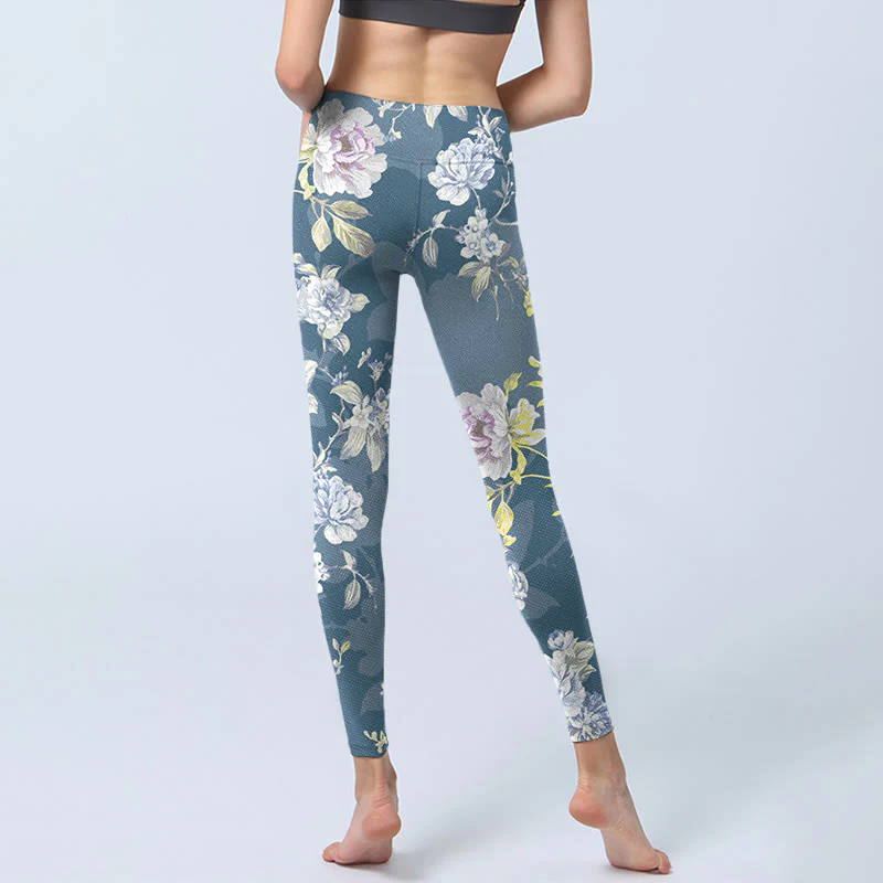 Leggings da palestra con stampa di foglie e fiori dai colori tenui, pantaloni da yoga da donna, Buddha Stones - Image 7