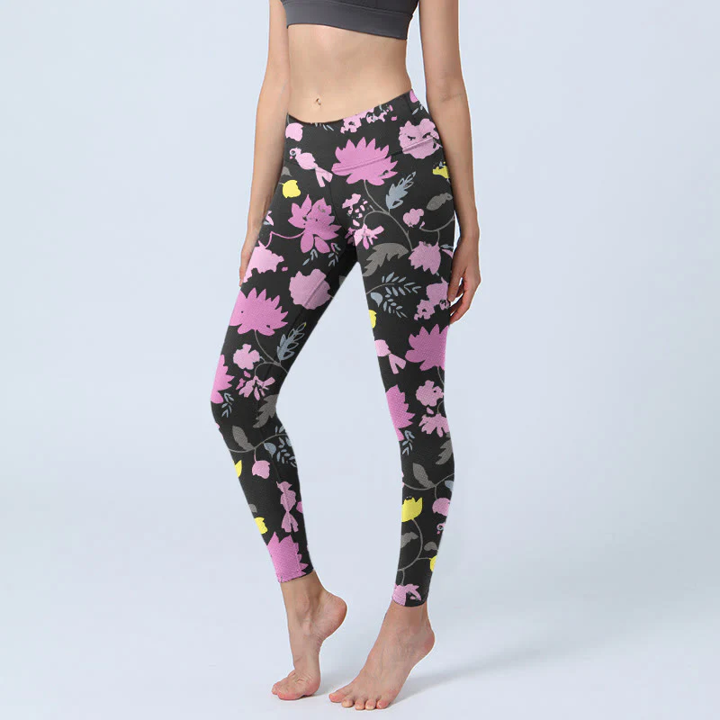 Leggings da palestra con stampa di foglie e fiori dai colori tenui, stile Buddha Stones, pantaloni da yoga da donna