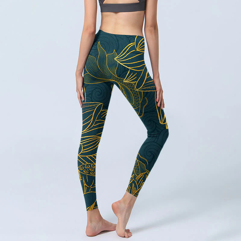 Leggings da palestra con stampa di loto e pesce koi dorato Buddha Stones, pantaloni da yoga da donna - Image 6