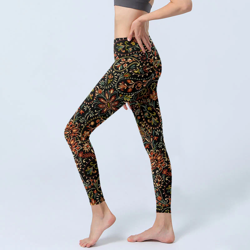 Leggings da palestra con stampa di motivi floreali e foglie intricati Buddha Stones, pantaloni da yoga da donna - Image 3