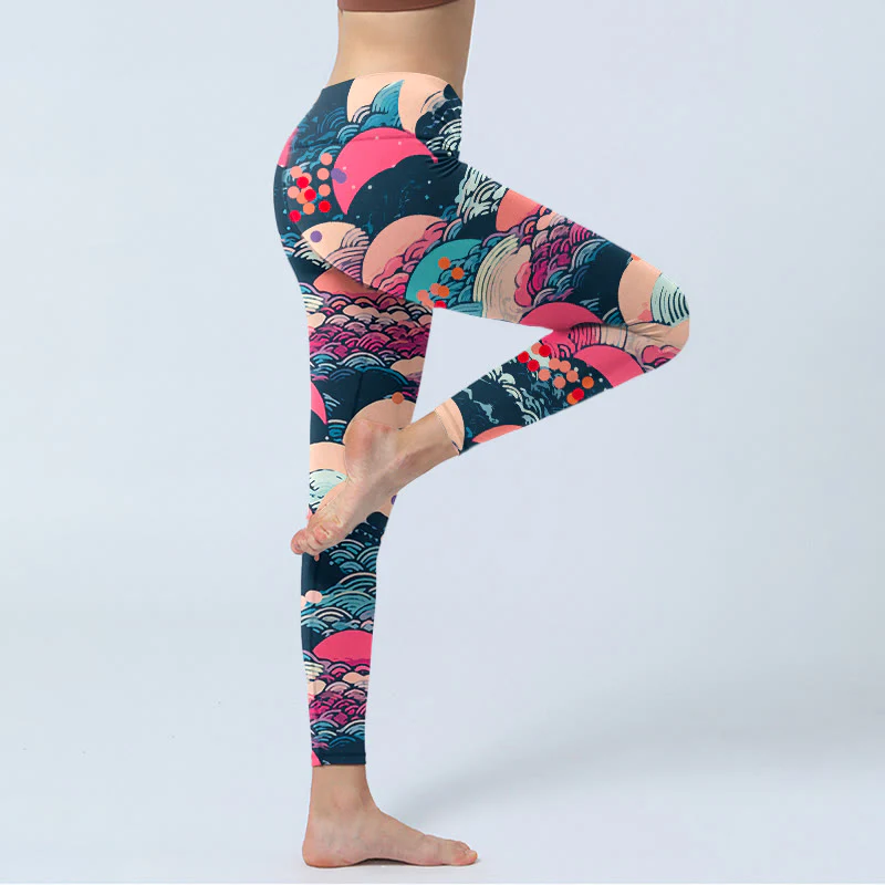 Leggings da palestra con stampa di onde dell'oceano colorate Buddha Stones, pantaloni da yoga da donna - Image 4