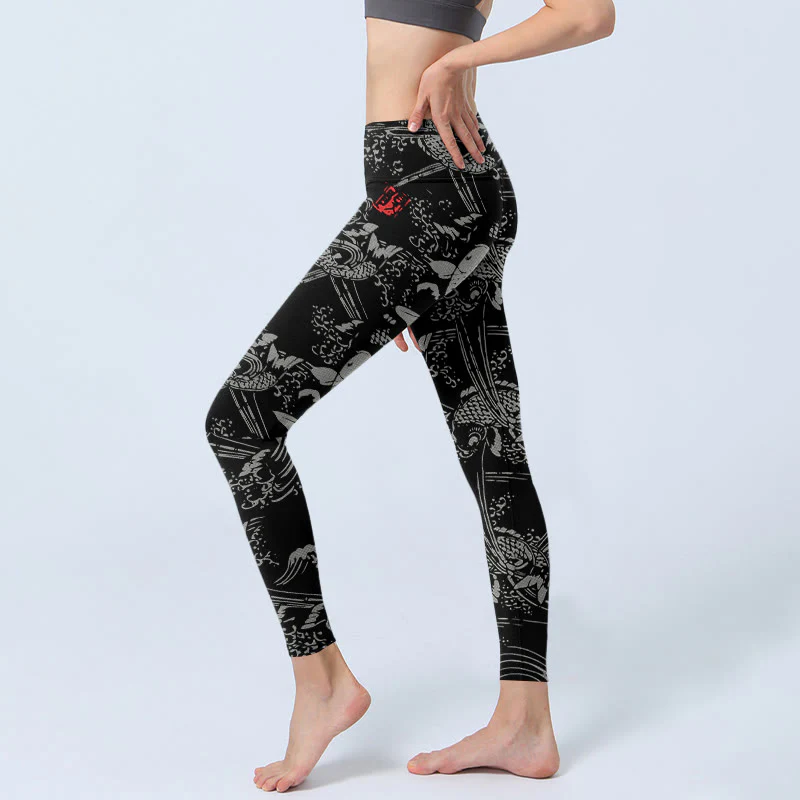 Leggings da palestra con stampa di pesci koi neri Buddha Stones, pantaloni da yoga da donna - Image 3