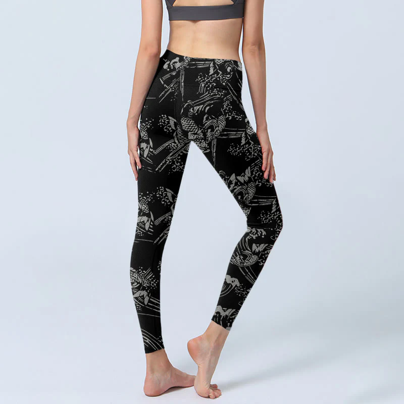 Leggings da palestra con stampa di pesci koi neri Buddha Stones, pantaloni da yoga da donna - Image 4