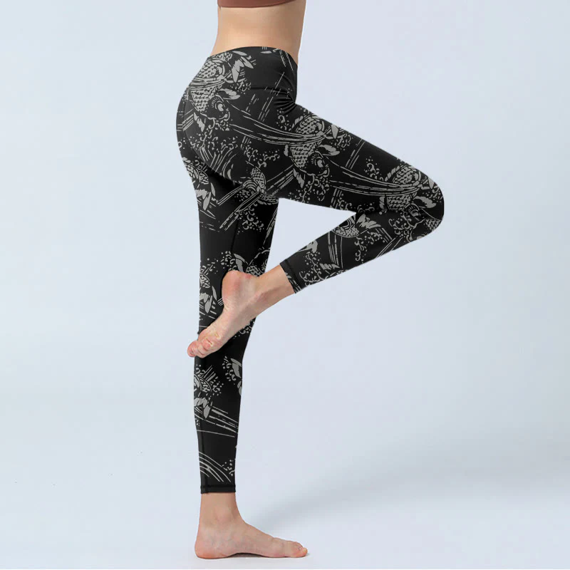 Leggings da palestra con stampa di pesci koi neri Buddha Stones, pantaloni da yoga da donna - Image 5