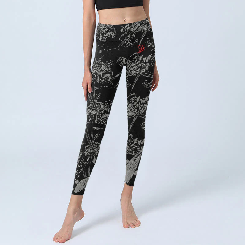 Leggings da palestra con stampa di pesci koi neri Buddha Stones, pantaloni da yoga da donna - Image 6