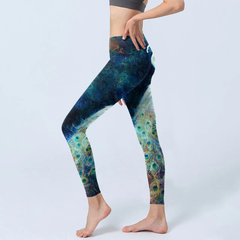 Leggings da palestra con stampa di piume colorate e pavone blu Buddha Stones, pantaloni da yoga da donna - Image 3