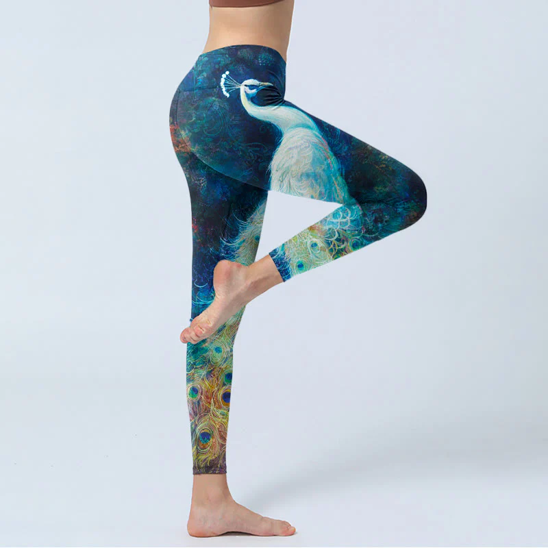 Leggings da palestra con stampa di piume colorate e pavone blu Buddha Stones, pantaloni da yoga da donna - Image 4