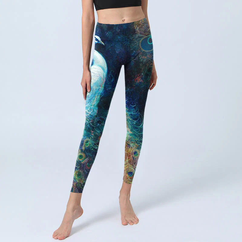 Leggings da palestra con stampa di piume colorate e pavone blu Buddha Stones, pantaloni da yoga da donna - Image 6