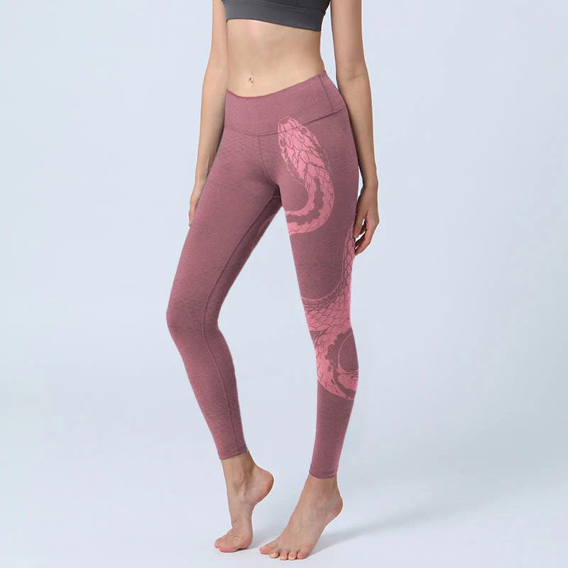 Leggings da palestra con stampa di serpente e pelle di serpente rosa Buddha Stones, pantaloni da yoga da donna