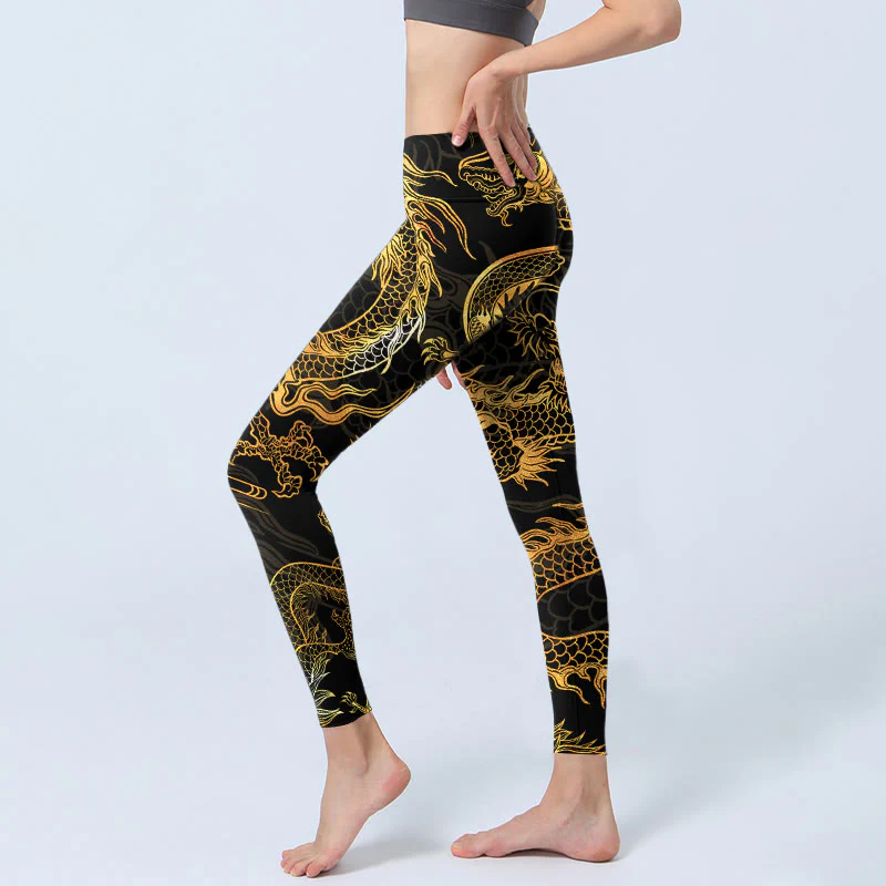 Leggings da palestra con stampa drago dorato Buddha Stones da donna, pantaloni da yoga - Image 3