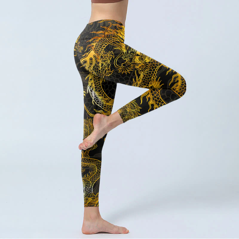 Leggings da palestra con stampa drago dorato Buddha Stones da donna, pantaloni da yoga - Image 4