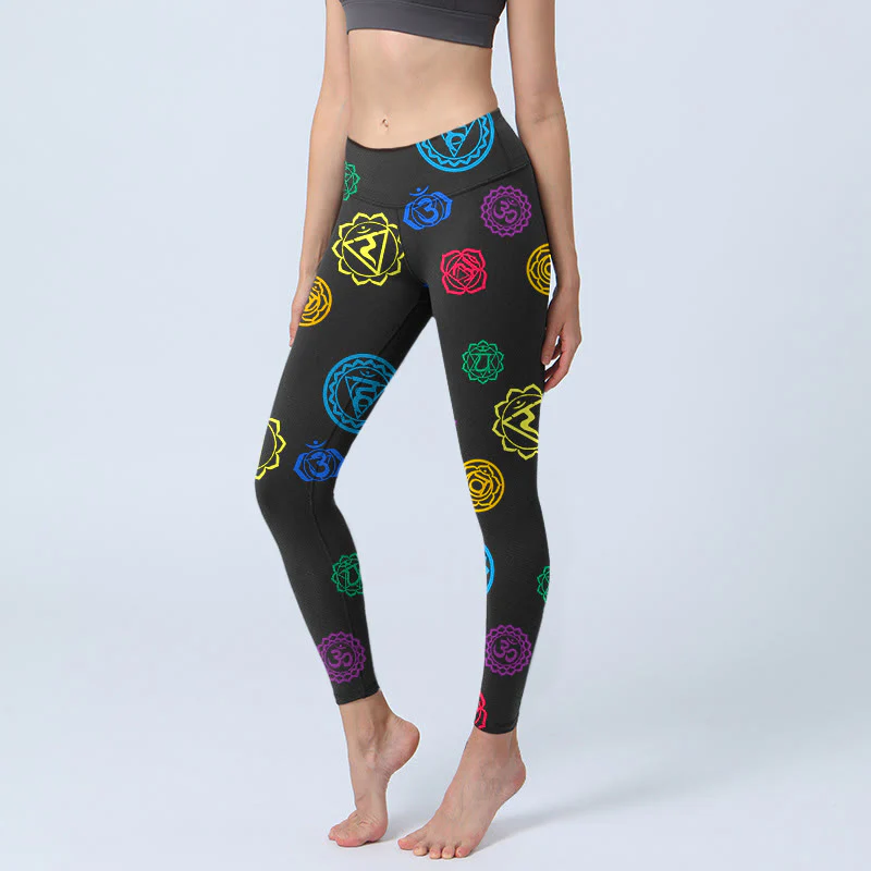 Leggings da palestra con stampa geometrica sanscrita con Buddha Stones e simbolo OM, pantaloni da yoga da donna