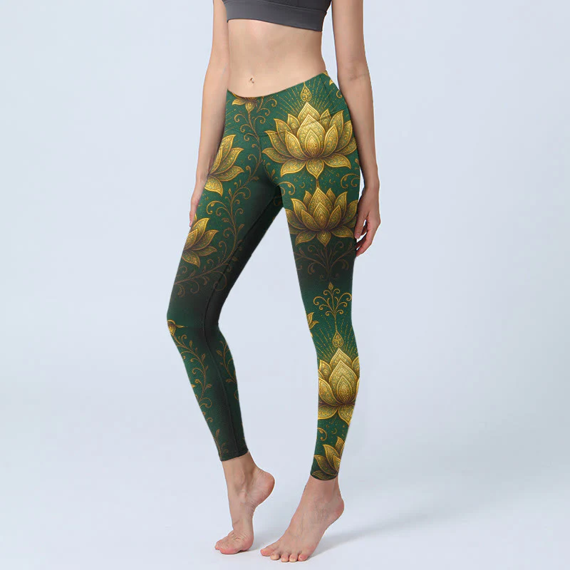 Leggings da palestra con stampa motivo Buddha Stones Golden Lotus, pantaloni da yoga da donna