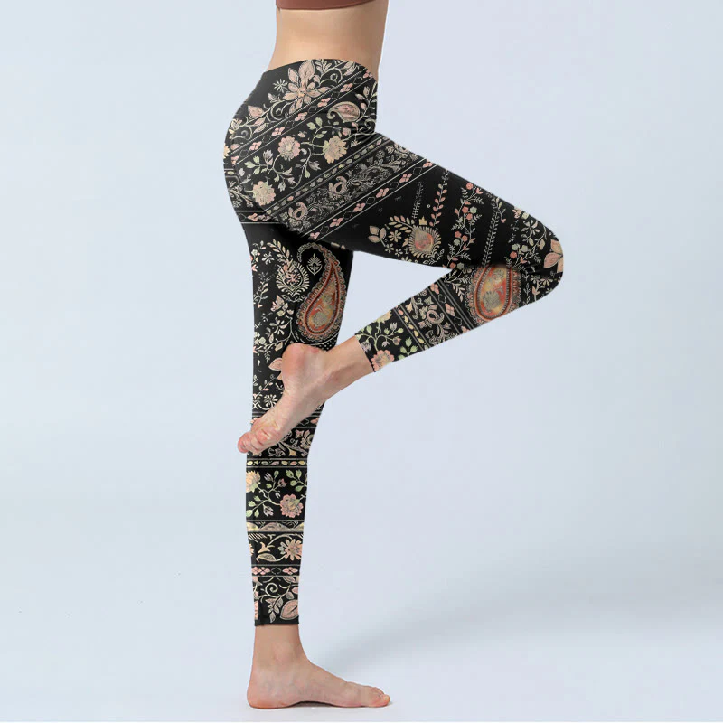 Leggings da palestra da donna con stampa di motivo ripetuto di fiori, foglie e viticci , Buddha Stones - Image 4