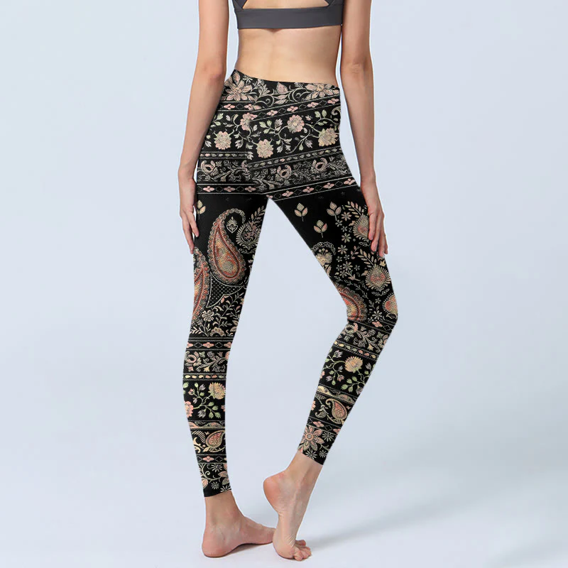Leggings da palestra da donna con stampa di motivo ripetuto di fiori, foglie e viticci , Buddha Stones - Image 5