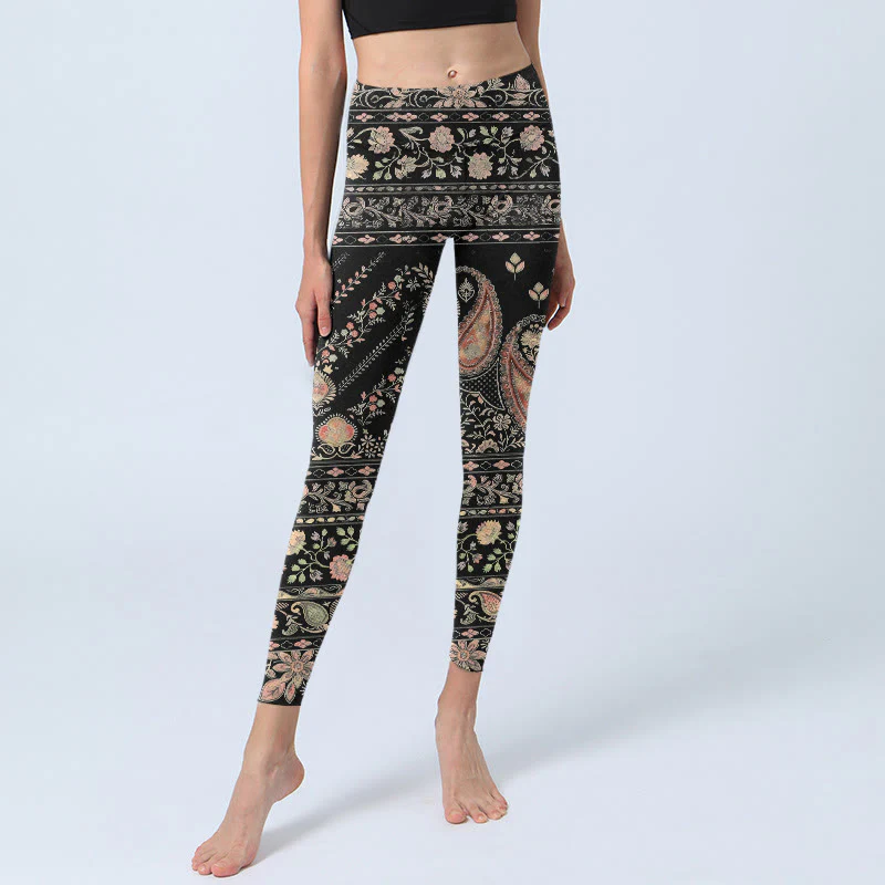 Leggings da palestra da donna con stampa di motivo ripetuto di fiori, foglie e viticci , Buddha Stones - Image 6
