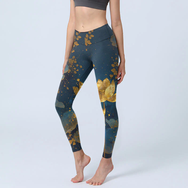 Leggings da palestra eleganti e dignitosi con motivo a macchie di foglie di fiore di loto, pantaloni da yoga da donna, modello Buddha Stones