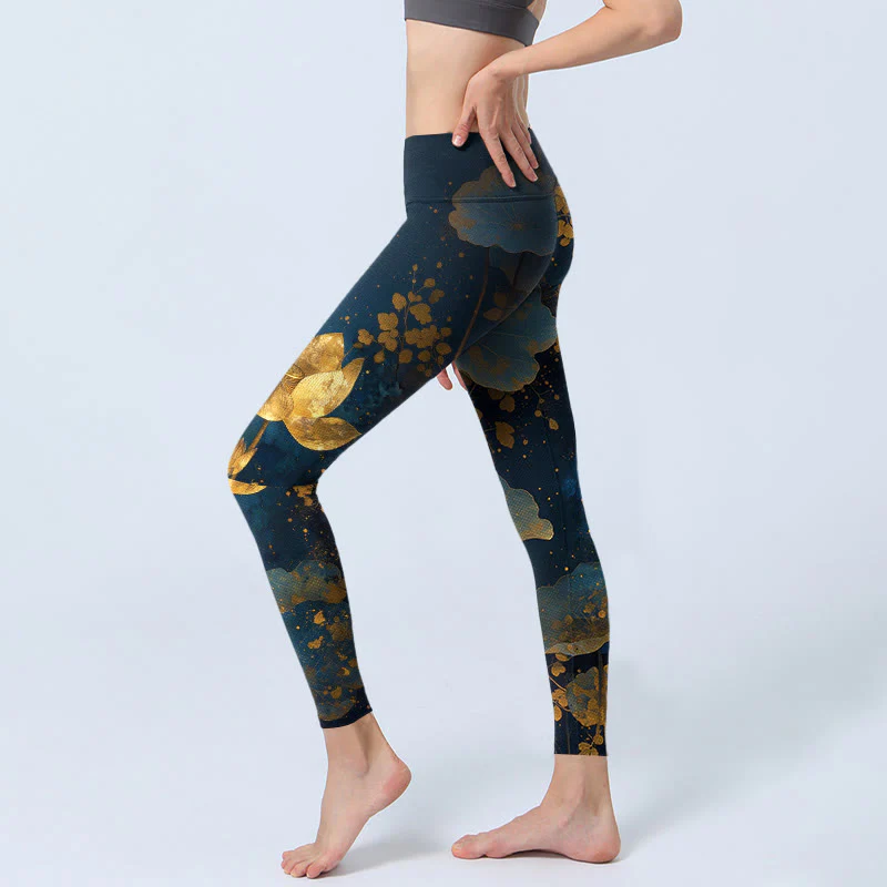 Leggings da palestra eleganti e dignitosi con motivo a macchie di foglie di fiore di loto, pantaloni da yoga da donna, modello Buddha Stones - Image 3