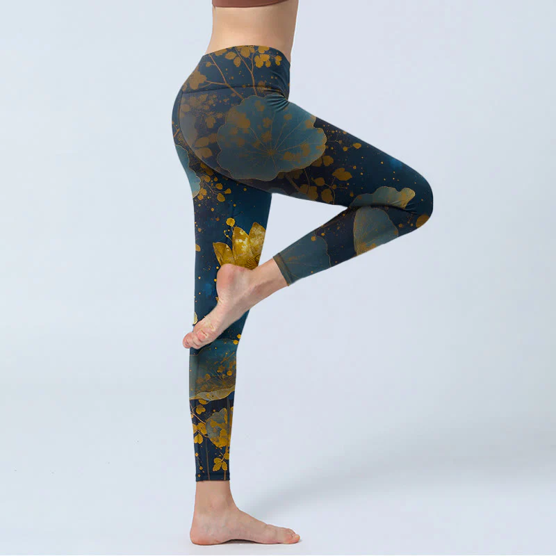 Leggings da palestra eleganti e dignitosi con motivo a macchie di foglie di fiore di loto, pantaloni da yoga da donna, modello Buddha Stones - Image 4