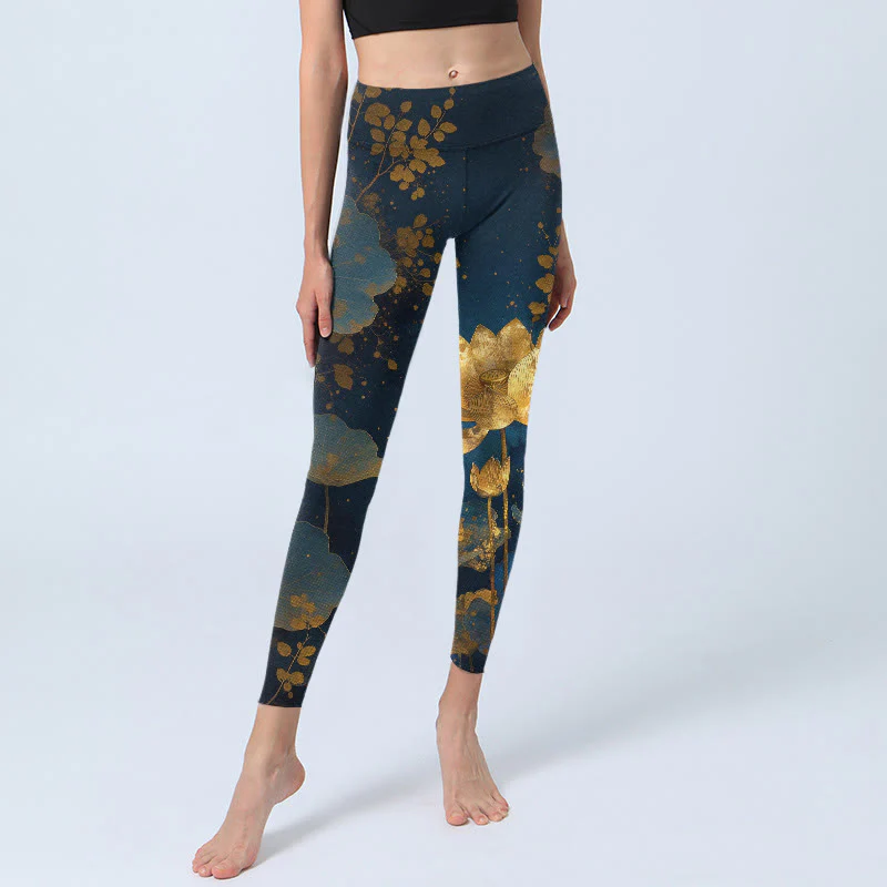 Leggings da palestra eleganti e dignitosi con motivo a macchie di foglie di fiore di loto, pantaloni da yoga da donna, modello Buddha Stones - Image 6