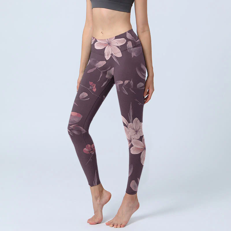 Leggings da palestra fitness con stampa di fiori bianchi viola Buddha Stones , pantaloni da yoga da donna
